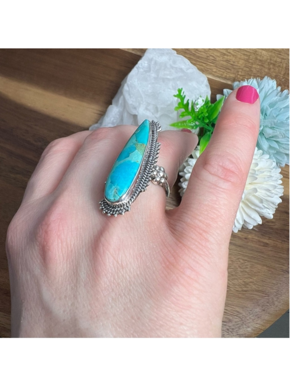 Sterling Silver 925 Turquoise Ring Size 7 Long Boho Southwest Blue New - Picture 10 of 13
